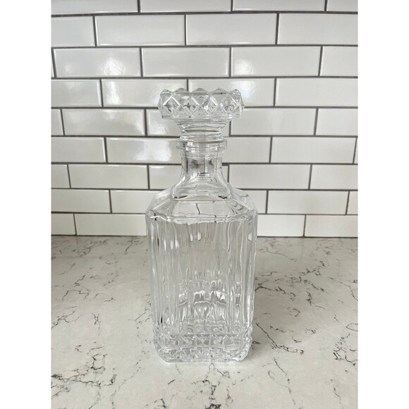 Vintage Clear Crystal Glass Square Decanter w/ Stopper Diamond Barware - Picture 1 of 5